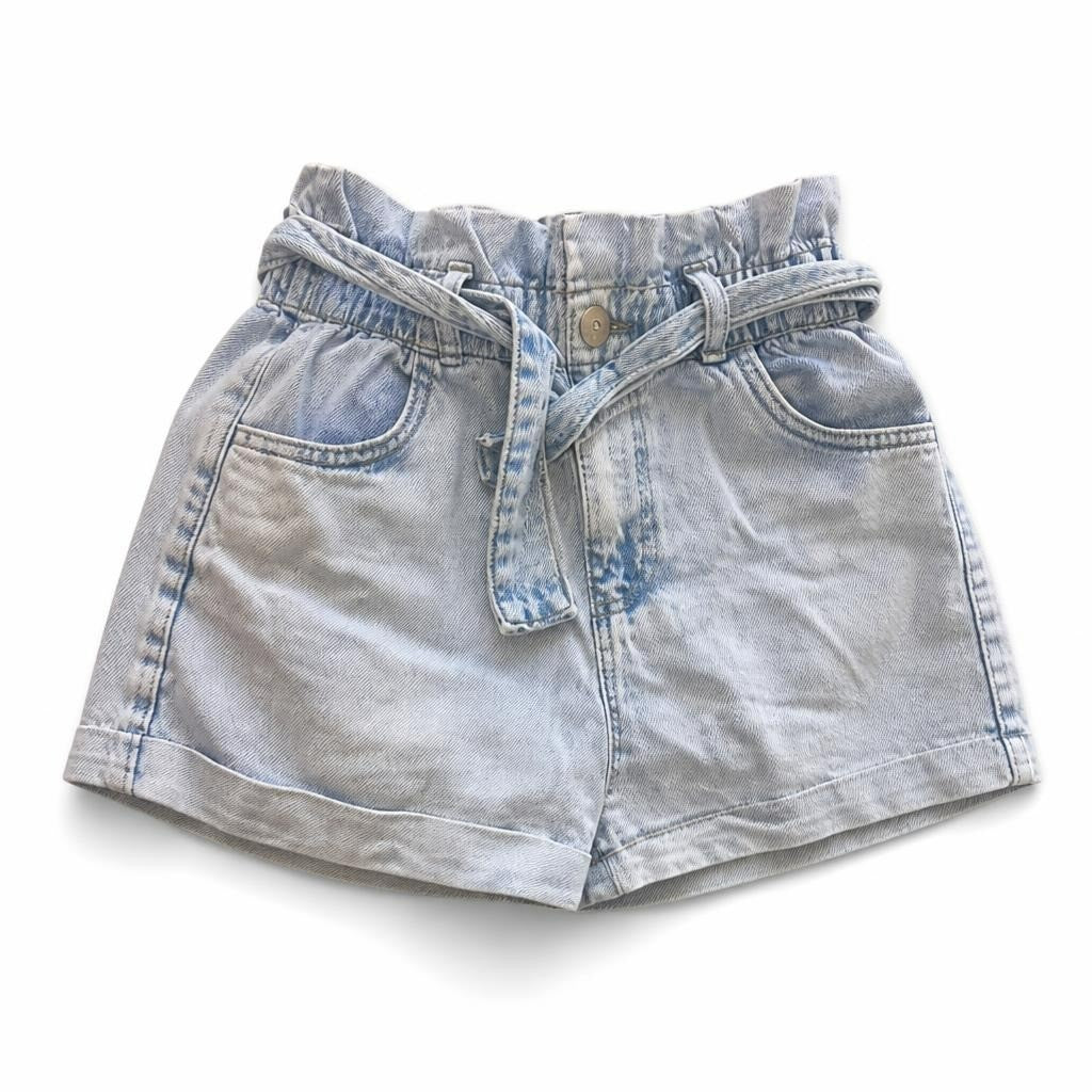 Light wash denim paperbag shorts with belt tie - white studio shot, second-hand at Why Go Less, Dekwaneh, Lebanon