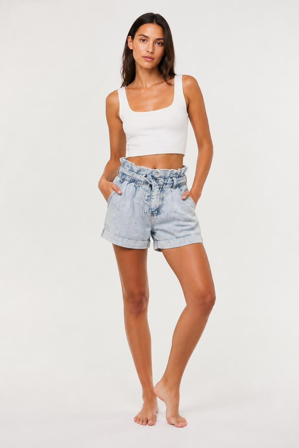 Light Wash Denim Paperbag Shorts with Belt Tie | Pre-Loved | Why Go Less-1
