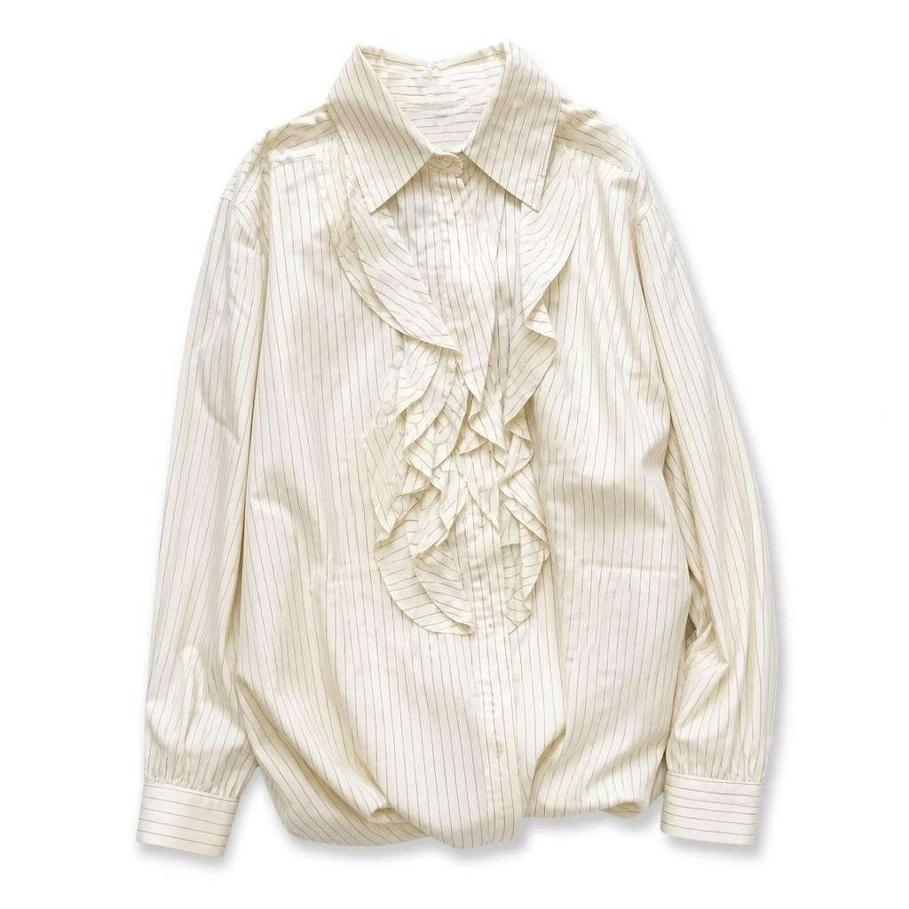 Cream Pinstripe Ruffle Front Blouse - white studio shot, second-hand at Why Go Less, Dekwaneh, Lebanon