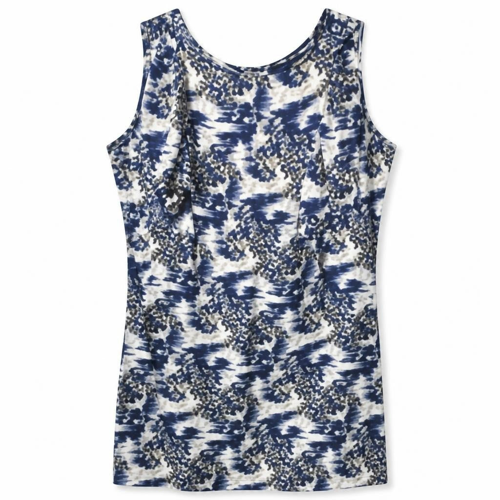 Blue Crane Print Short-Sleeve Shift Dress - white studio shot, second-hand at Why Go Less, Dekwaneh, Lebanon