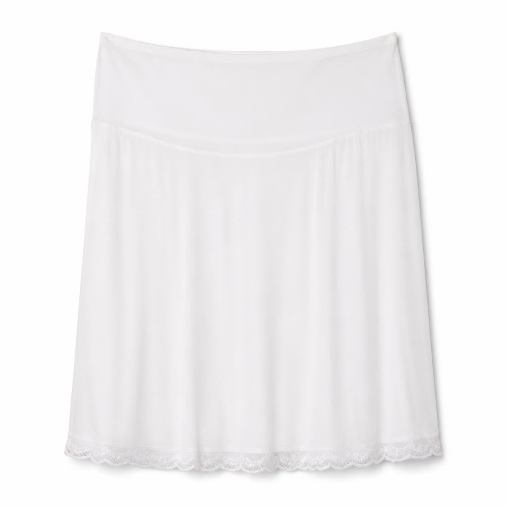 Cream Pleated Mini Skirt with Lace Hem - white studio shot, second-hand at Why Go Less, Dekwaneh, Lebanon