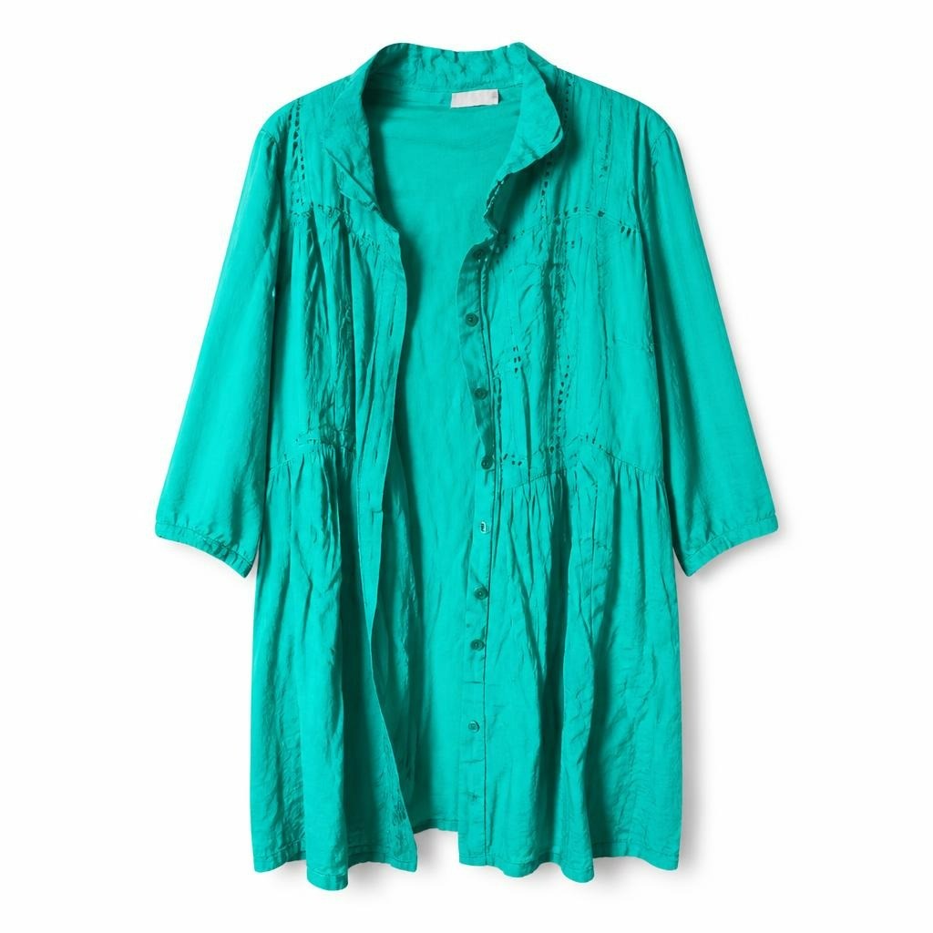 Teal Eyelet Broderie Button-Down Mini Dress - white studio shot, second-hand at Why Go Less, Dekwaneh, Lebanon
