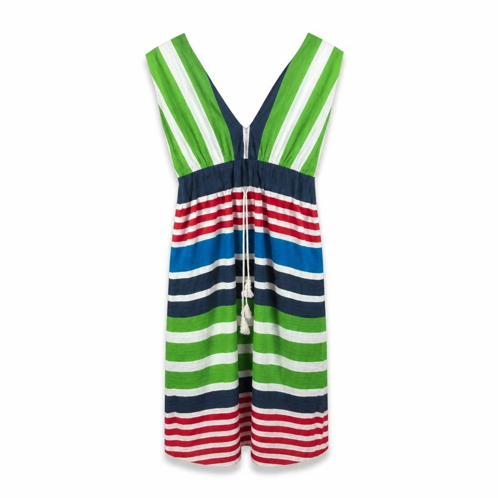 Multicolor Stripe Wrap Beach Dress Drawstring - white studio shot, second-hand at Why Go Less, Dekwaneh, Lebanon