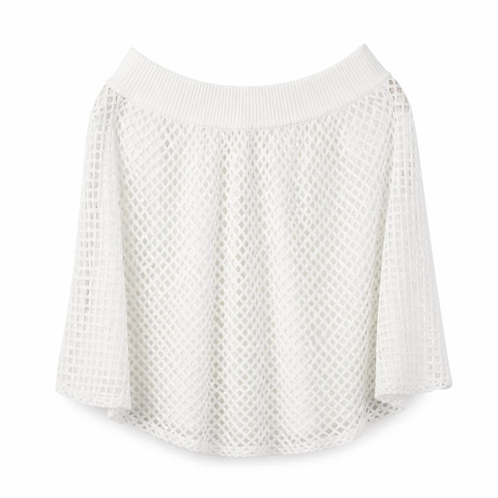 White mesh net off-shoulder top, one size - white studio shot, second-hand at Why Go Less, Dekwaneh, Lebanon