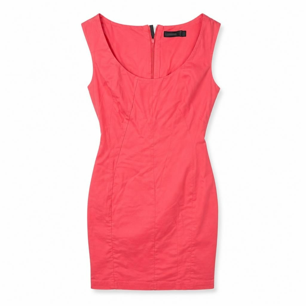 Merada coral pink ruched bodycon dress, EU36 UK10 - white studio shot, second-hand at Why Go Less, Dekwaneh, Lebanon