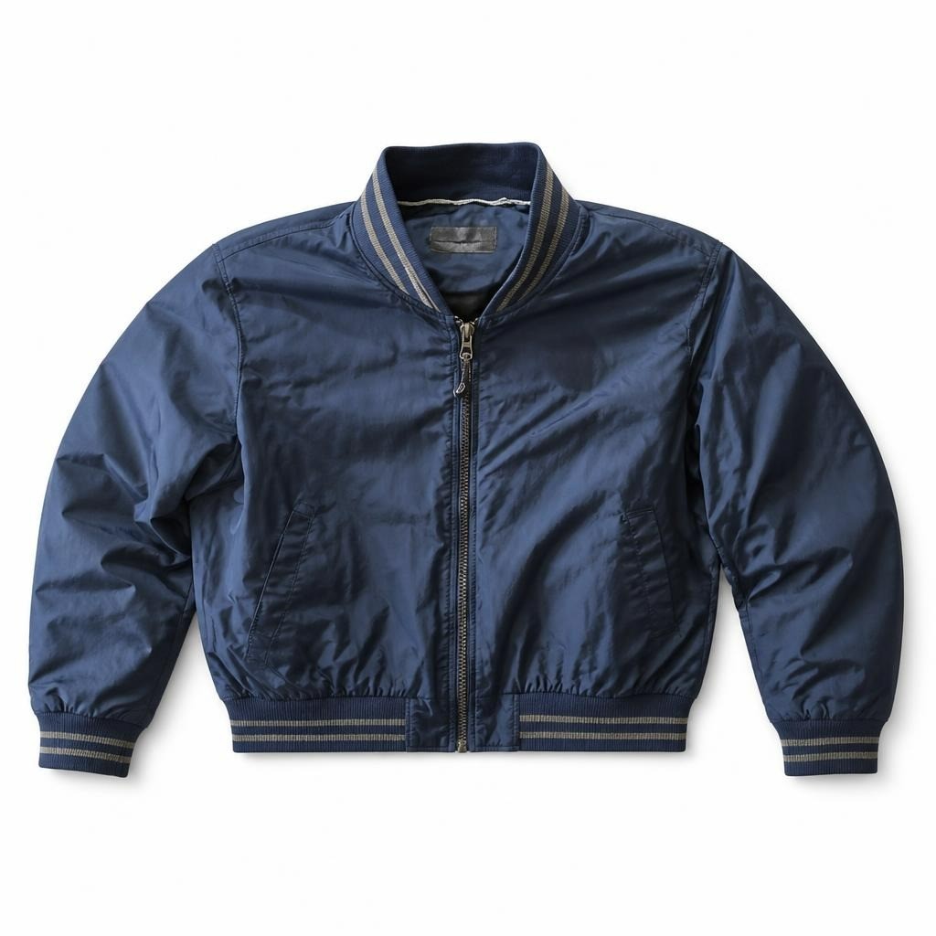 Maison Brown navy blue bomber jacket, unisex - white studio shot, second-hand at Why Go Less, Dekwaneh, Lebanon