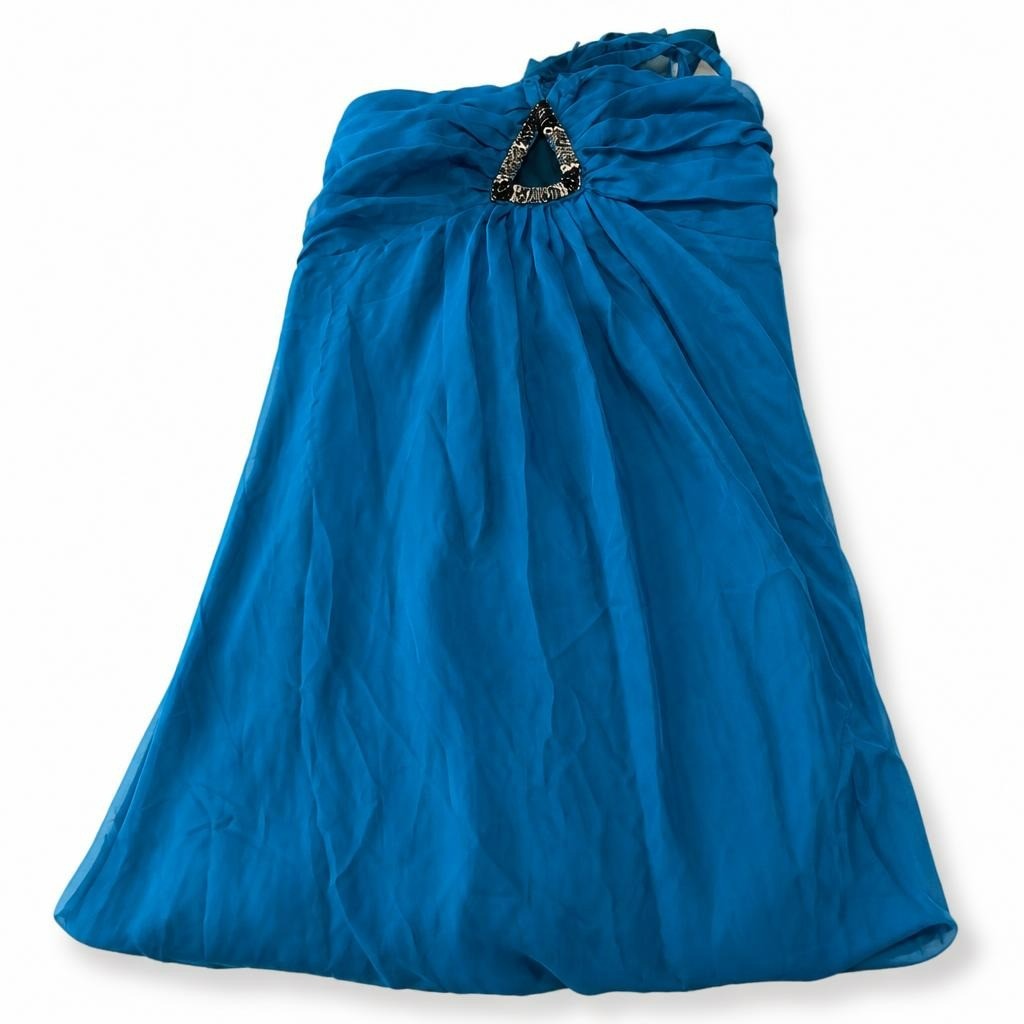 Teal blue chiffon gathered halter dress - white studio shot, second-hand at Why Go Less, Dekwaneh, Lebanon