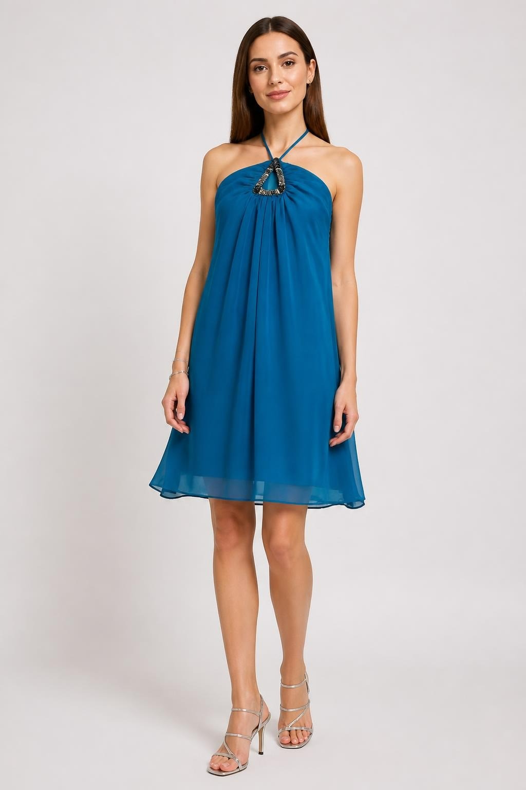 Teal Blue Chiffon Gathered Halter Dress | Pre-Loved | Why Go Less