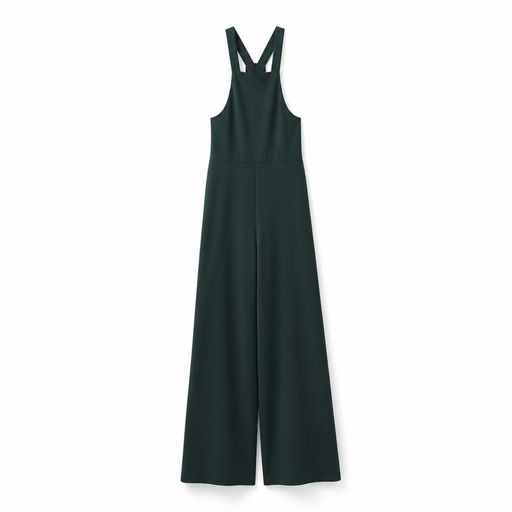 Dark green sleeveless wide-leg jumpsuit - white studio shot, second-hand at Why Go Less, Dekwaneh, Lebanon