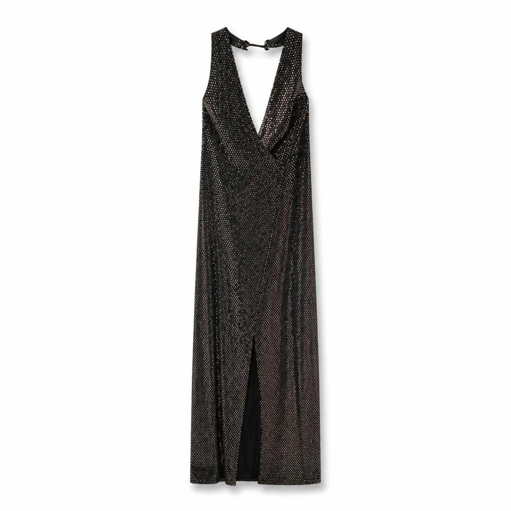 Black gold sequin halter maxi dress slit - white studio shot, second-hand at Why Go Less, Dekwaneh, Lebanon