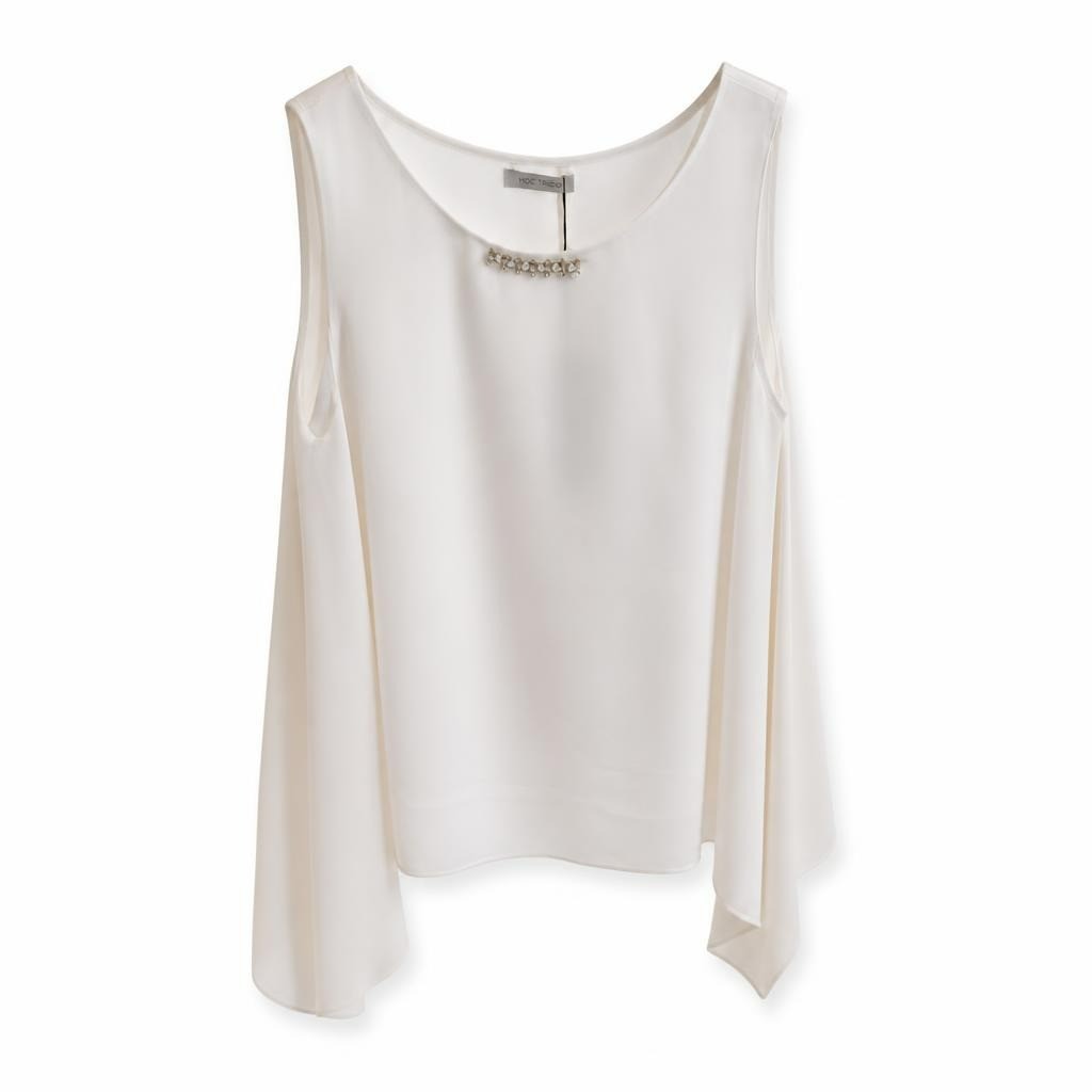 Nocturne ivory cream cold-shoulder blouse - white studio shot, second-hand at Why Go Less, Dekwaneh, Lebanon