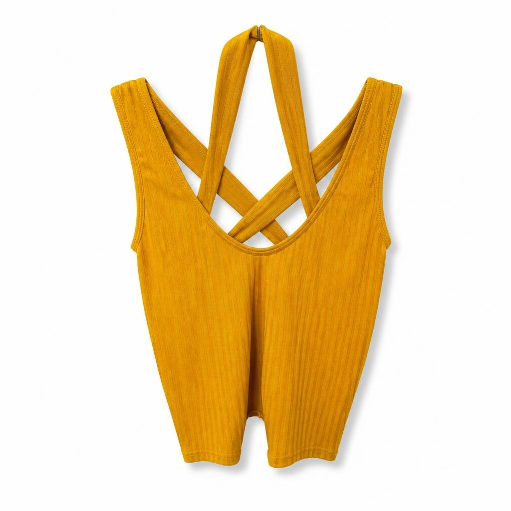 Mustard yellow ribbed multi-strap crop top - white studio shot, second-hand at Why Go Less, Dekwaneh, Lebanon