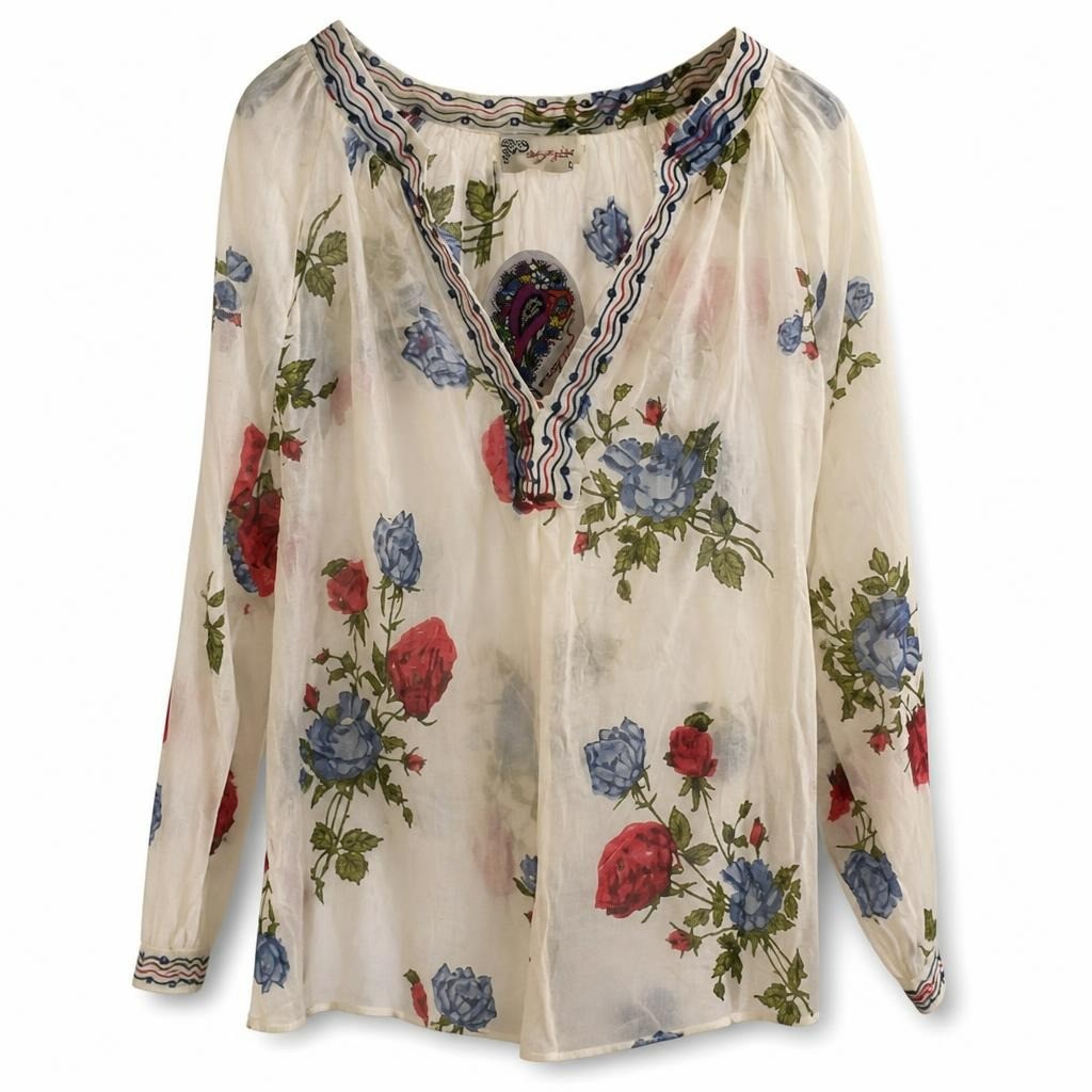 Floral boho blouse white red blue roses long sleeve - white studio shot, second-hand at Why Go Less, Dekwaneh, Lebanon