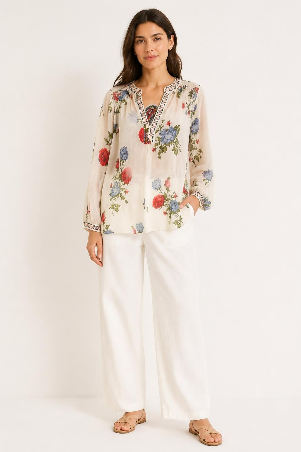 Floral Boho Blouse White Red Blue Roses Long Sleeve | Pre-Loved | Why Go Less