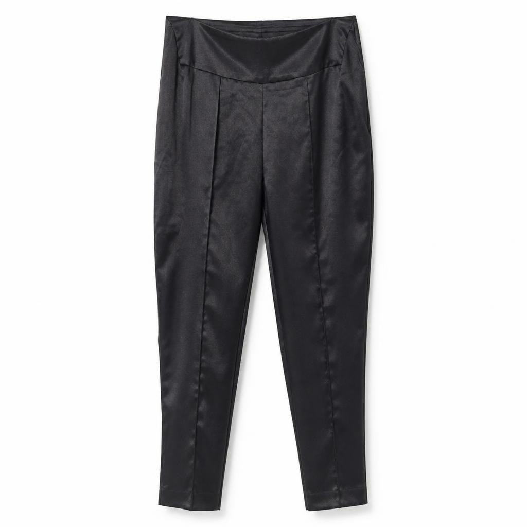 Black satin pleated high-waist tapered trousers - white studio shot, second-hand at Why Go Less, Dekwaneh, Lebanon