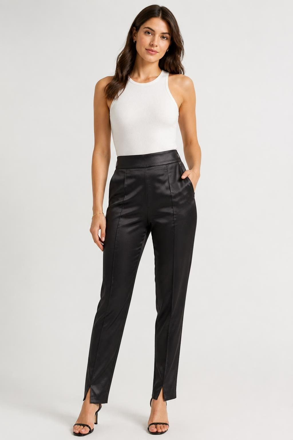 Black Satin Pleated High-Waist Tapered Trousers | Pre-Loved | Why Go Less
