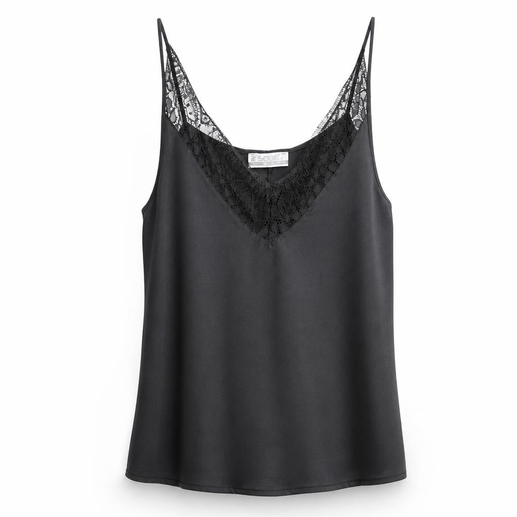 Sobe black lace-trim V-neck cami top - white studio shot, second-hand at Why Go Less, Dekwaneh, Lebanon