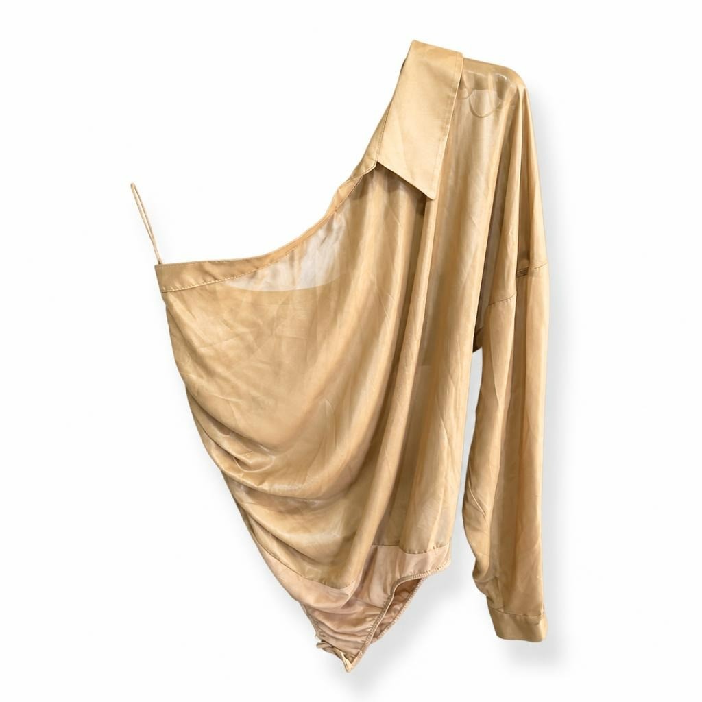Camel sheer satin asymmetric draped top or skirt - white studio shot, second-hand at Why Go Less, Dekwaneh, Lebanon