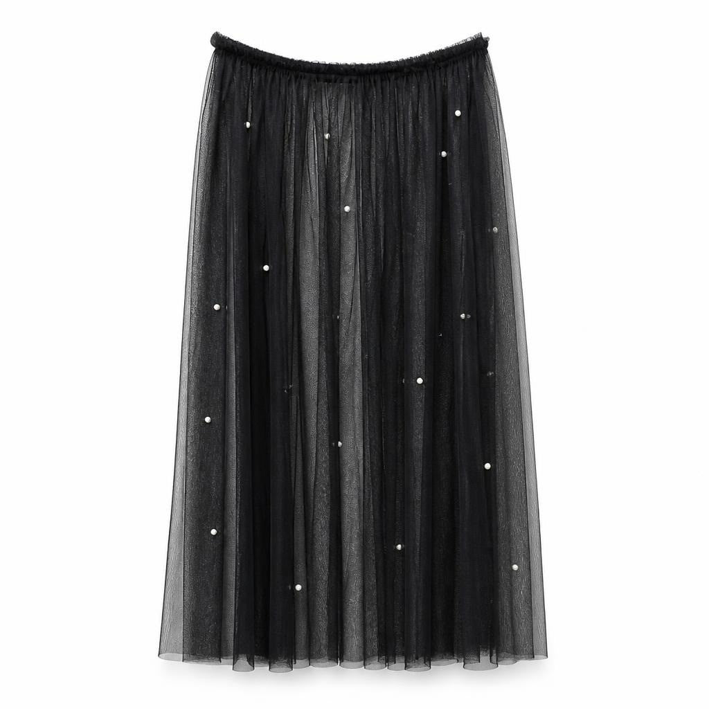 Black tulle pleated midi skirt with pearl embellishments - white studio shot, second-hand at Why Go Less, Dekwaneh, Lebanon