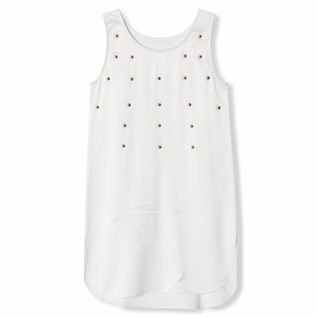 Beulah white sleeveless dress with gold studs - white studio shot, second-hand at Why Go Less, Dekwaneh, Lebanon