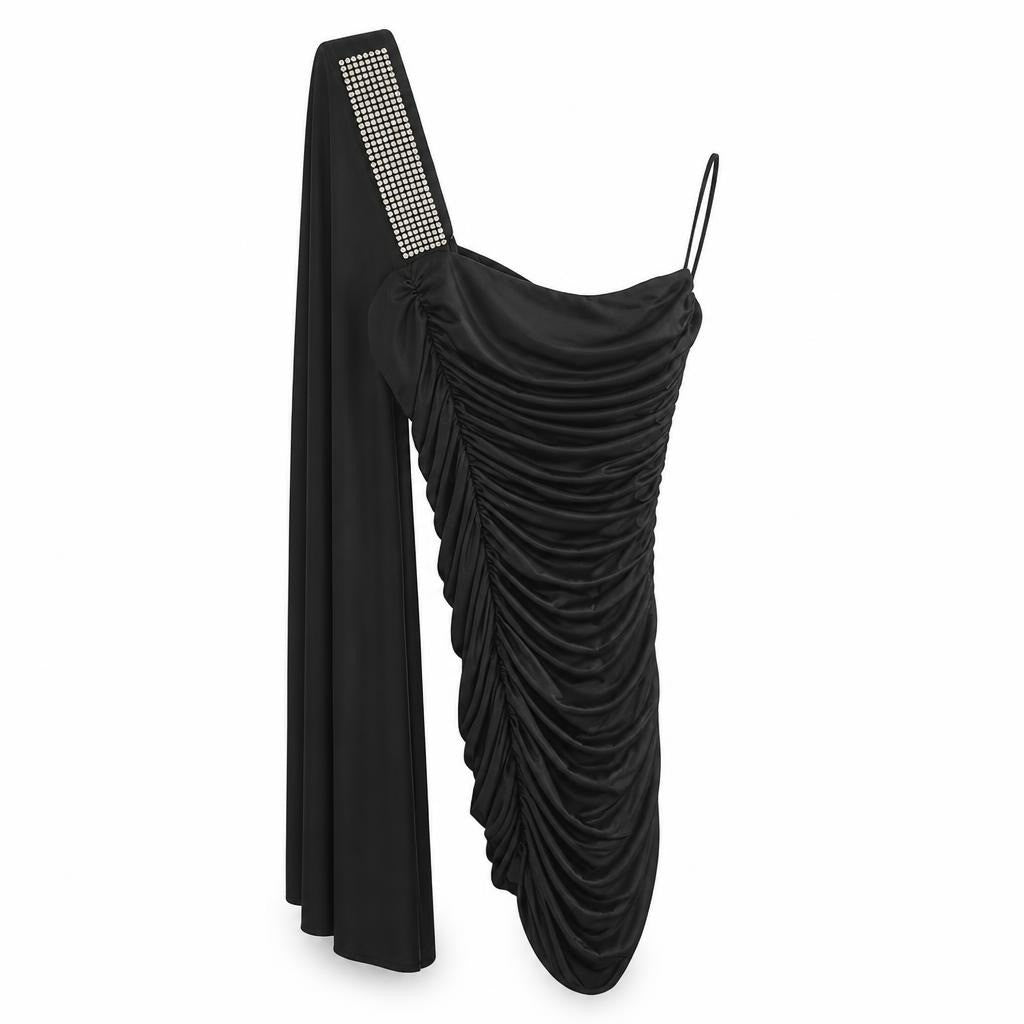 Black one-shoulder ruched dress with rhinestone strap - white studio shot, second-hand at Why Go Less, Dekwaneh, Lebanon