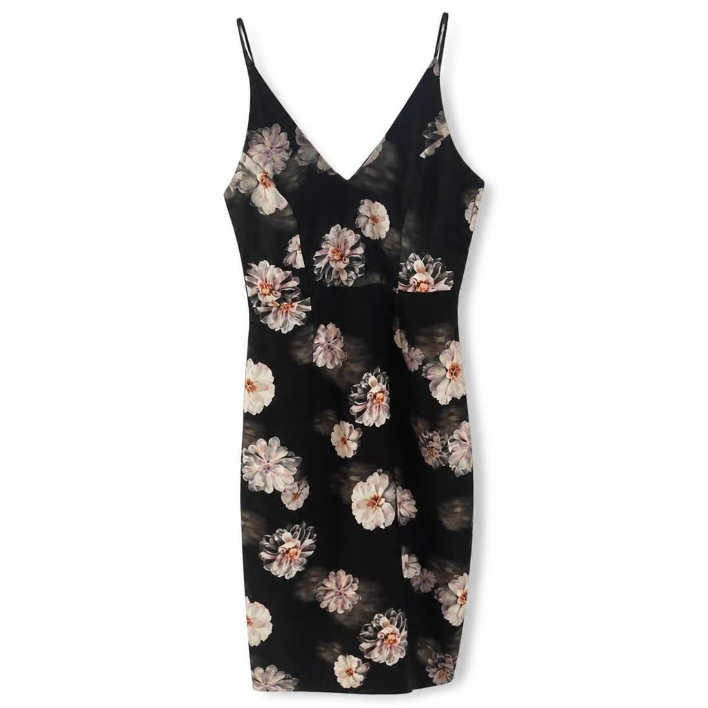 Black floral print V-neck slip dress - white studio shot, second-hand at Why Go Less, Dekwaneh, Lebanon