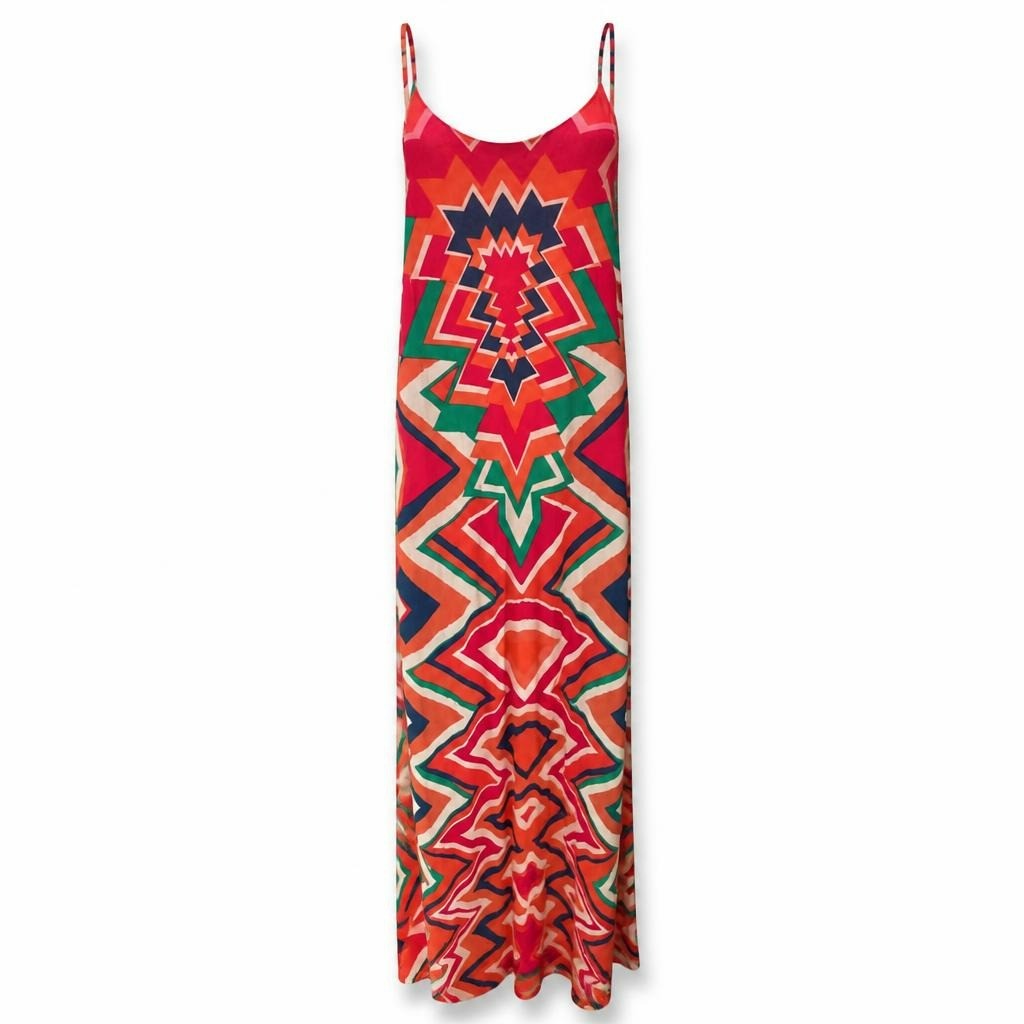 Multicolor geometric print maxi dress, bold pattern - white studio shot, second-hand at Why Go Less, Dekwaneh, Lebanon