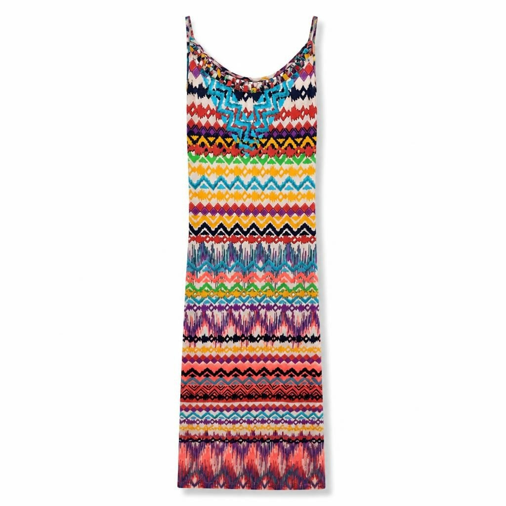 Colorful zigzag print maxi dress, multicolor - white studio shot, second-hand at Why Go Less, Dekwaneh, Lebanon