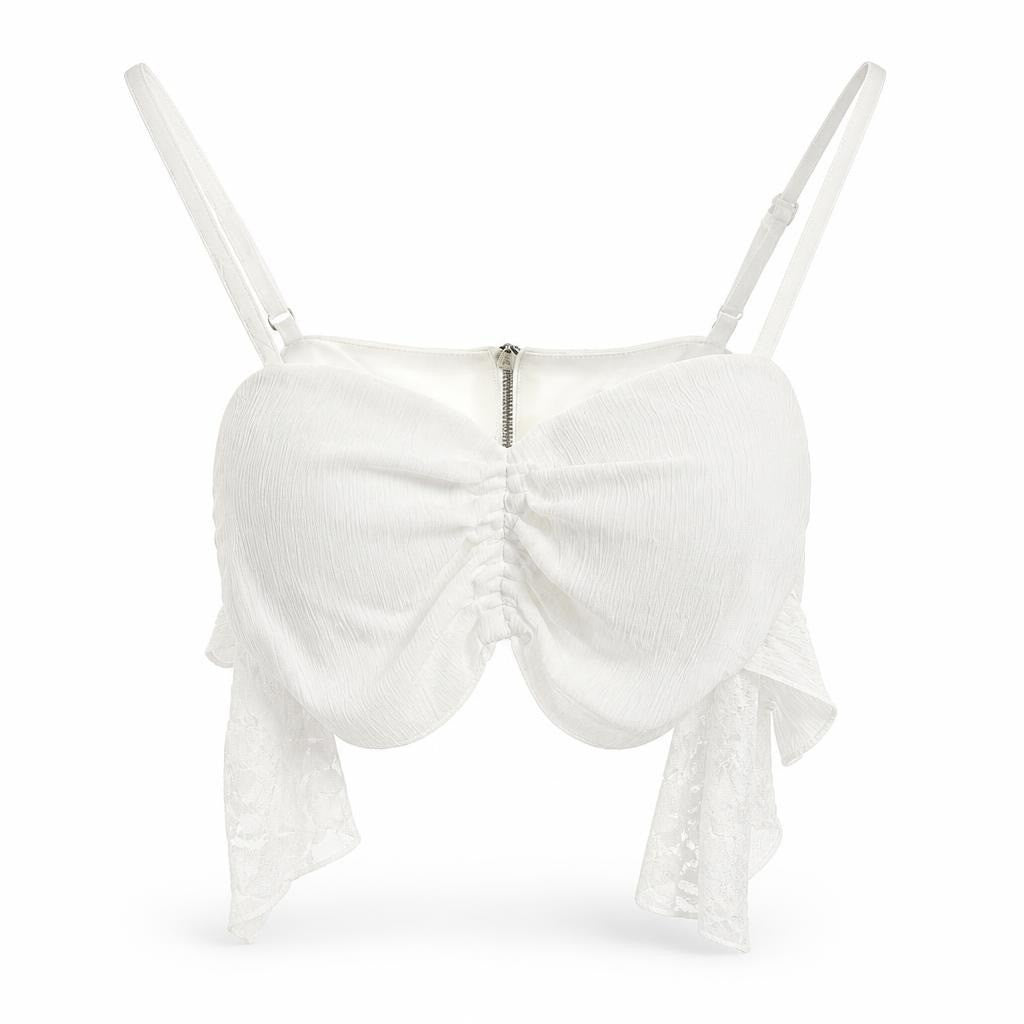 White bow crop top with sequin ties - white studio shot, second-hand at Why Go Less, Dekwaneh, Lebanon