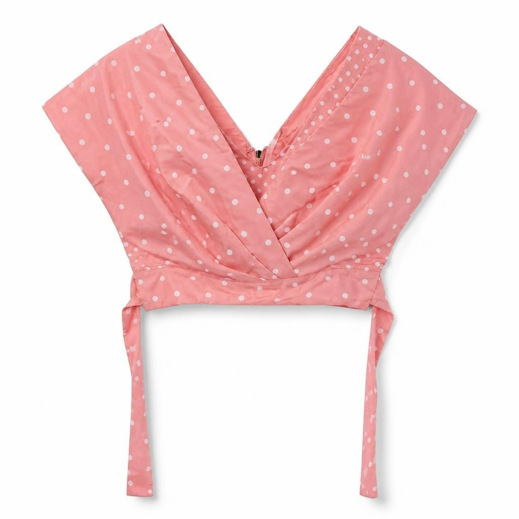 Pink polka dot wrap crop top with ties - white studio shot, second-hand at Why Go Less, Dekwaneh, Lebanon