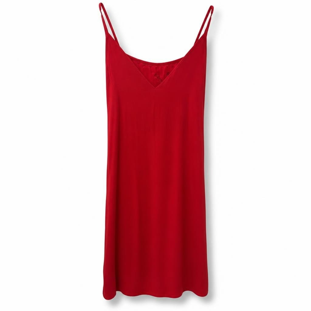 Red slip midi dress, V-neck, spaghetti straps - white studio shot, second-hand at Why Go Less, Dekwaneh, Lebanon
