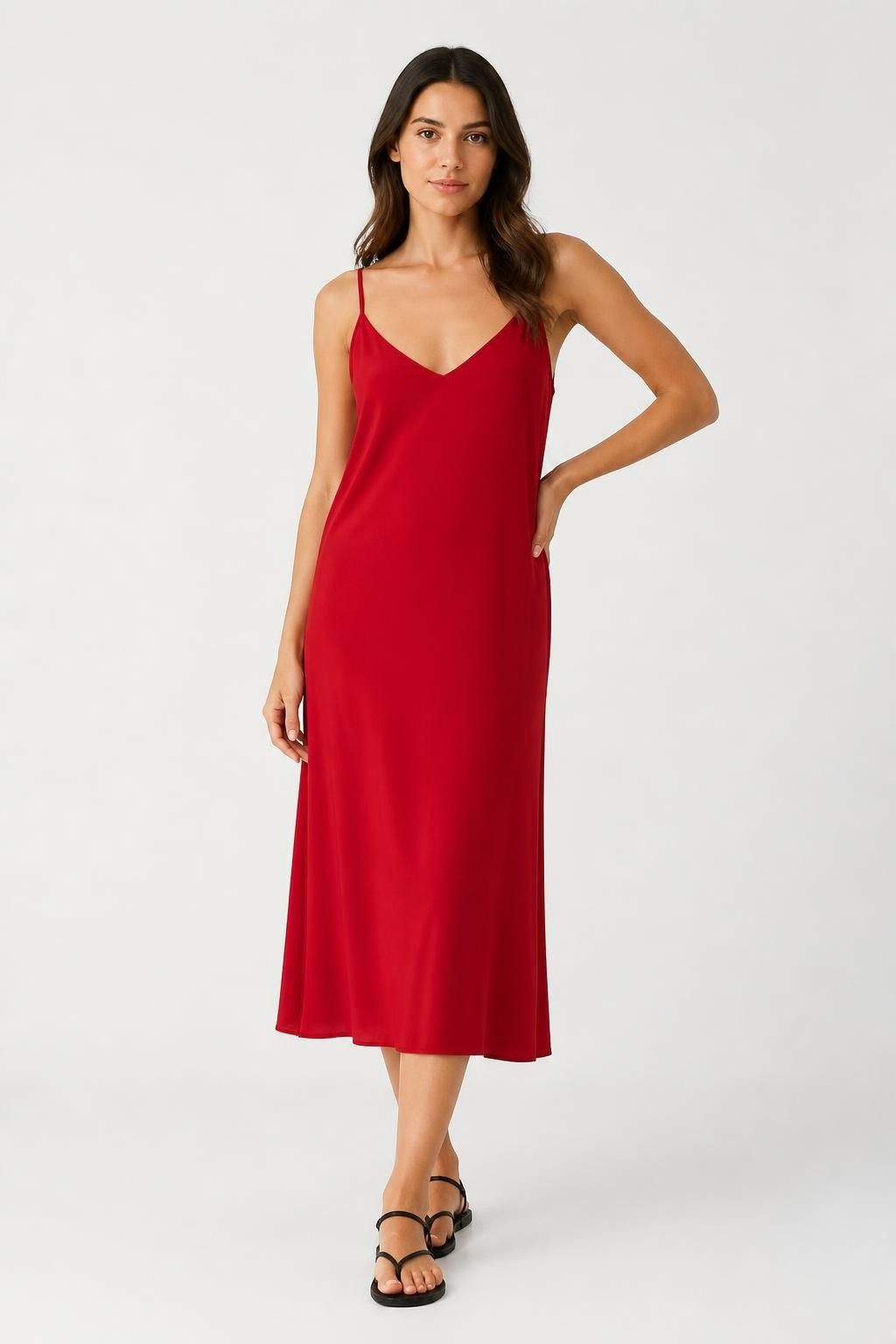 Red Slip Midi Dress, V-neck, Spaghetti Straps | Pre-Loved | Why Go Less