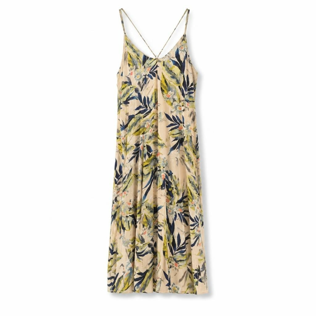 Floral tropical print pleated slip midi dress - white studio shot, second-hand at Why Go Less, Dekwaneh, Lebanon
