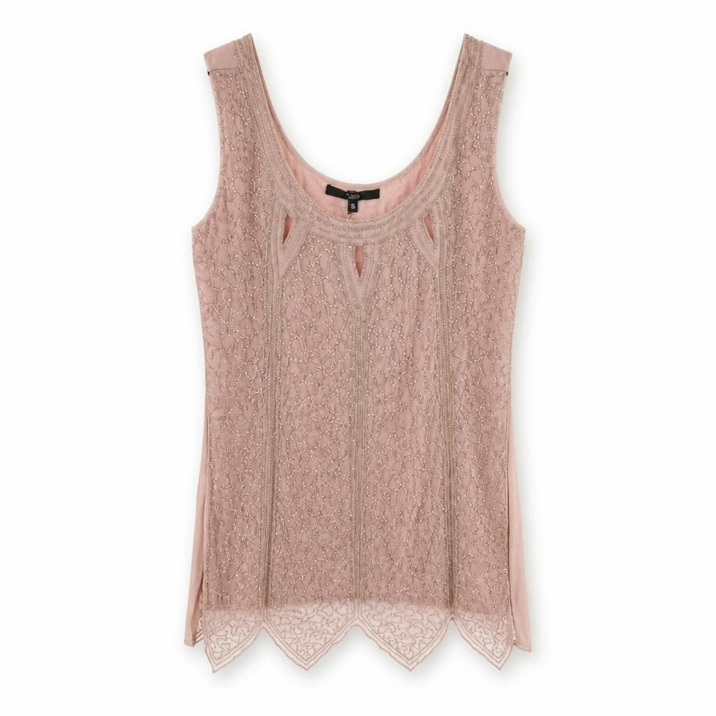 Pink beaded embellished sleeveless top, size S - white studio shot, second-hand at Why Go Less, Dekwaneh, Lebanon