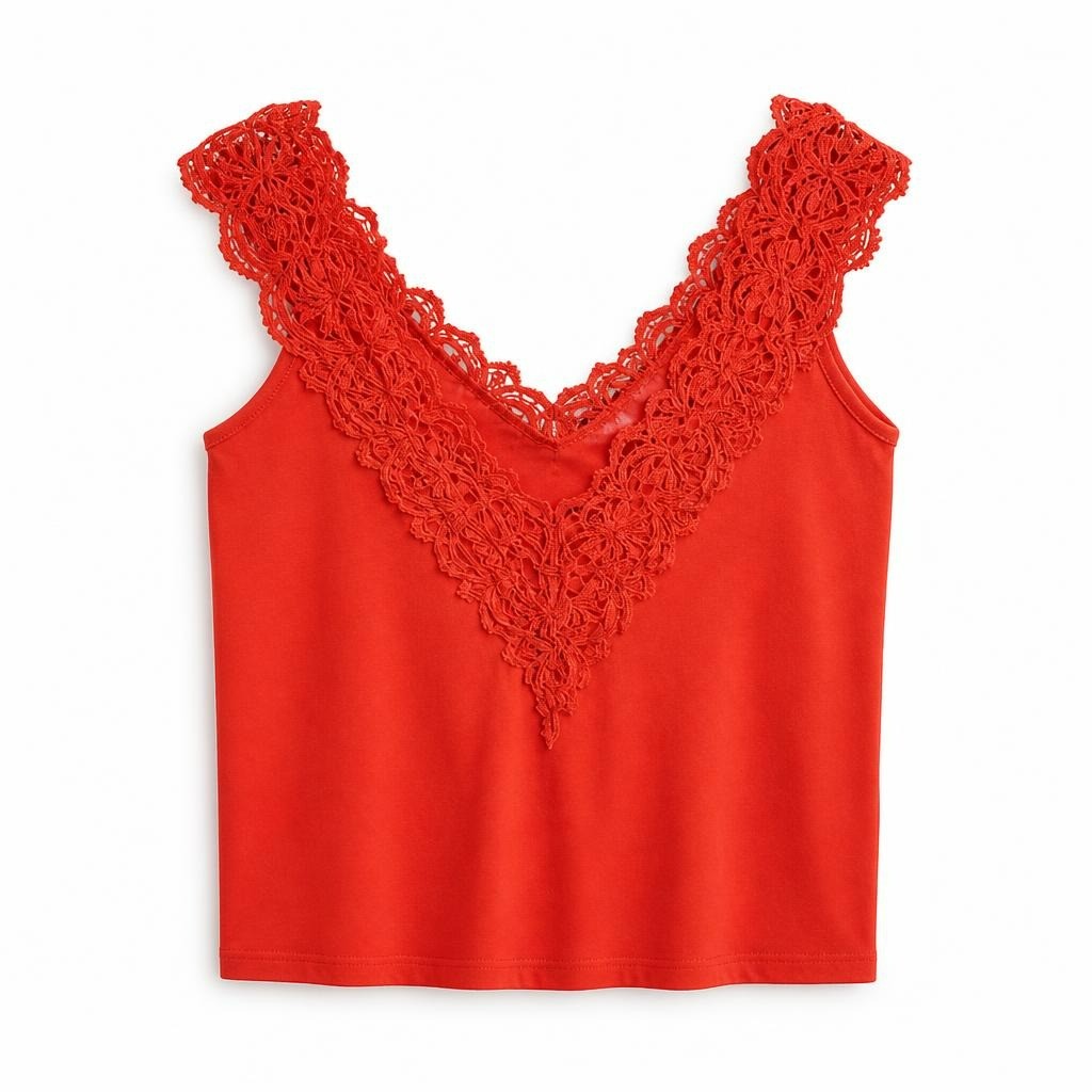 Red satin cami top with lace trim detail - white studio shot, second-hand at Why Go Less, Dekwaneh, Lebanon