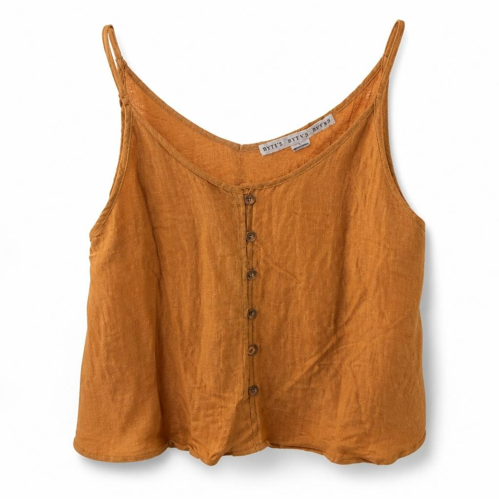 HYFVE orange linen button-front crop cami top - white studio shot, second-hand at Why Go Less, Dekwaneh, Lebanon
