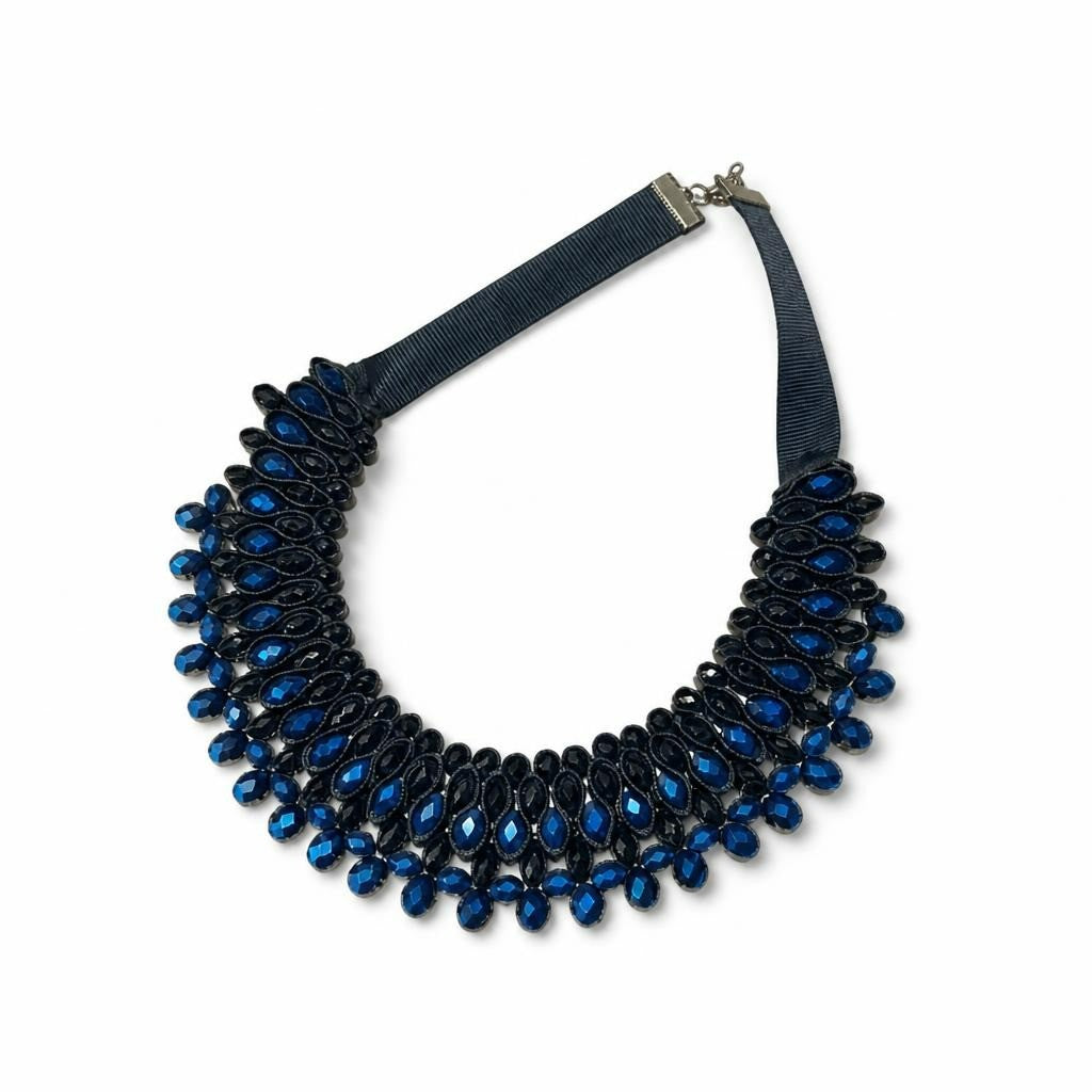 Black & Blue Crystal Beaded Statement Necklace - white studio shot, second-hand at Why Go Less, Dekwaneh, Lebanon