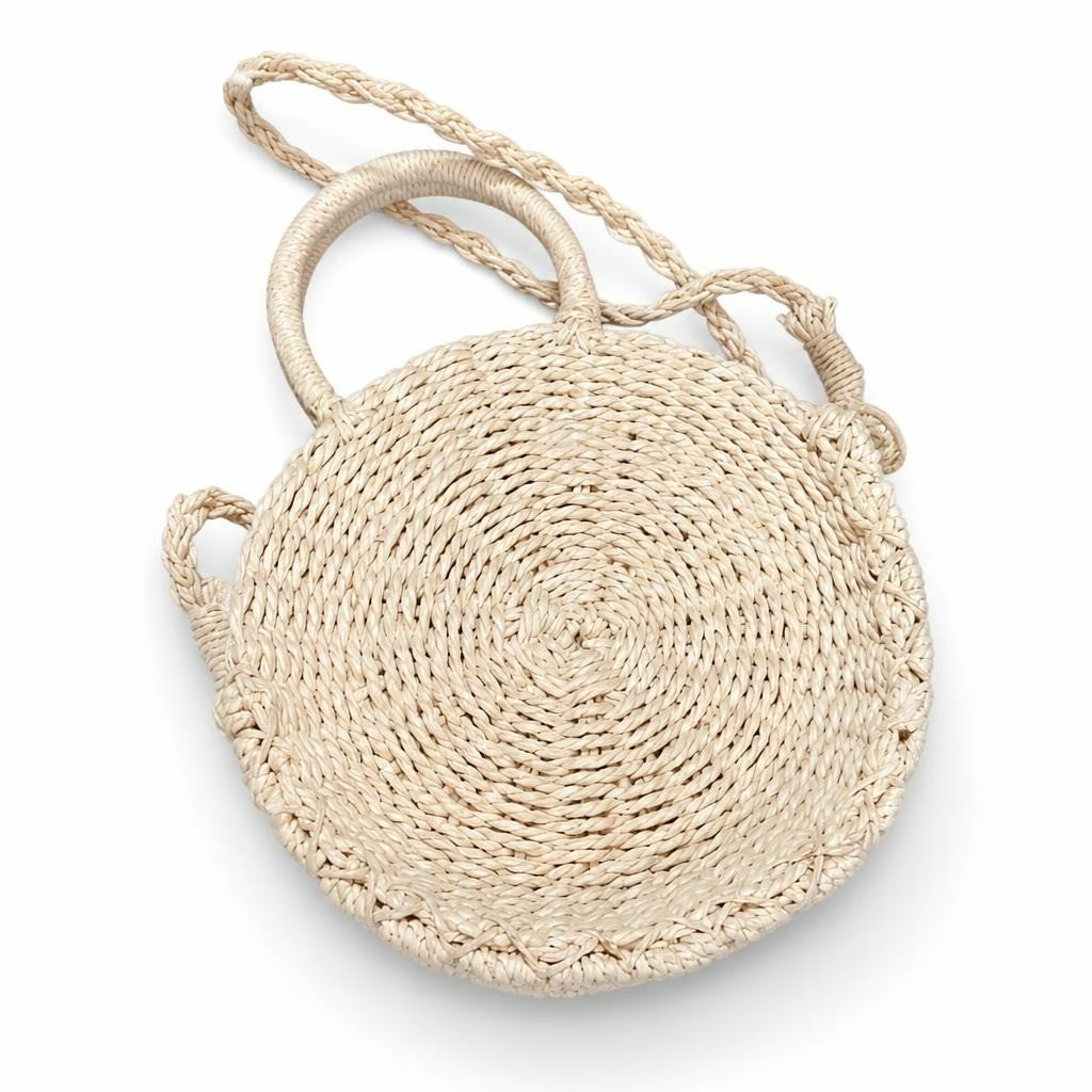 Round woven straw crossbody bag, natural beige - white studio shot, second-hand at Why Go Less, Dekwaneh, Lebanon