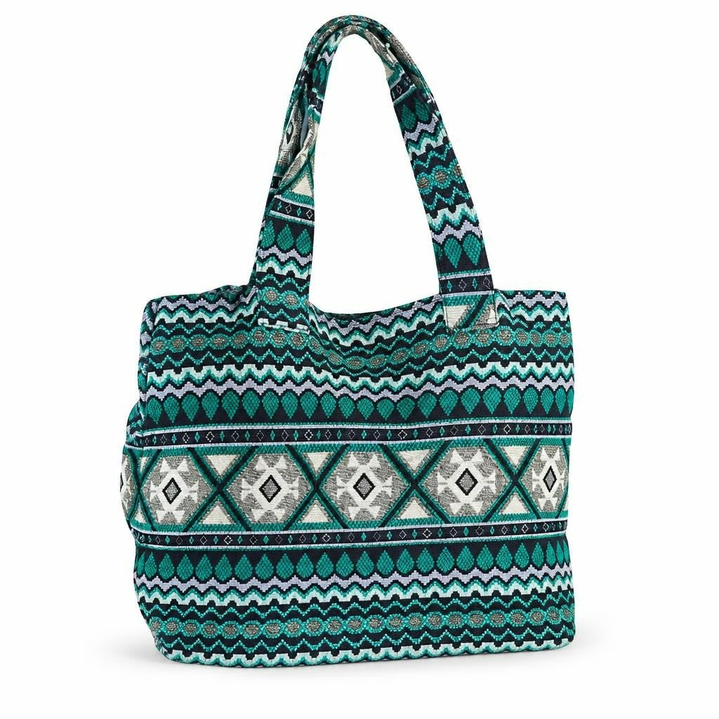 Bohemian teal aztec pattern tote bag - white studio shot, second-hand at Why Go Less, Dekwaneh, Lebanon