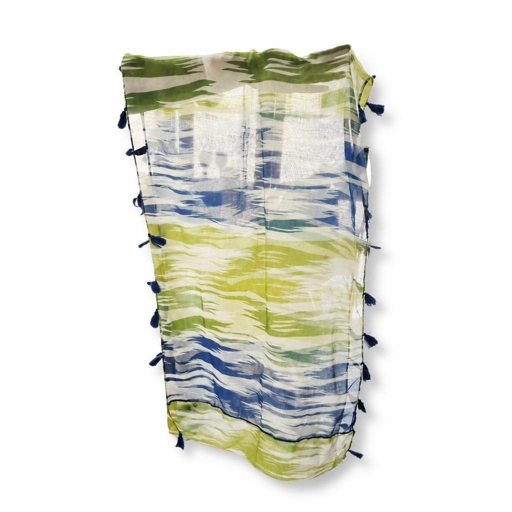 Sheer blue green wave print scarf with tassels - white studio shot, second-hand at Why Go Less, Dekwaneh, Lebanon