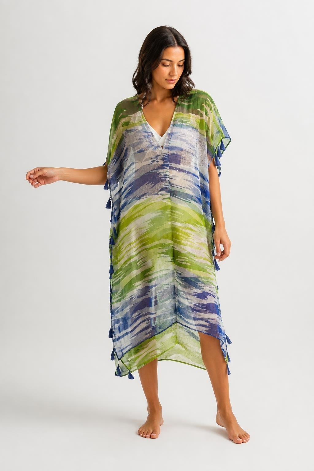 Blue And Green Wave Print Tassel Kaftan | Pre-Loved | Why Go Less-1