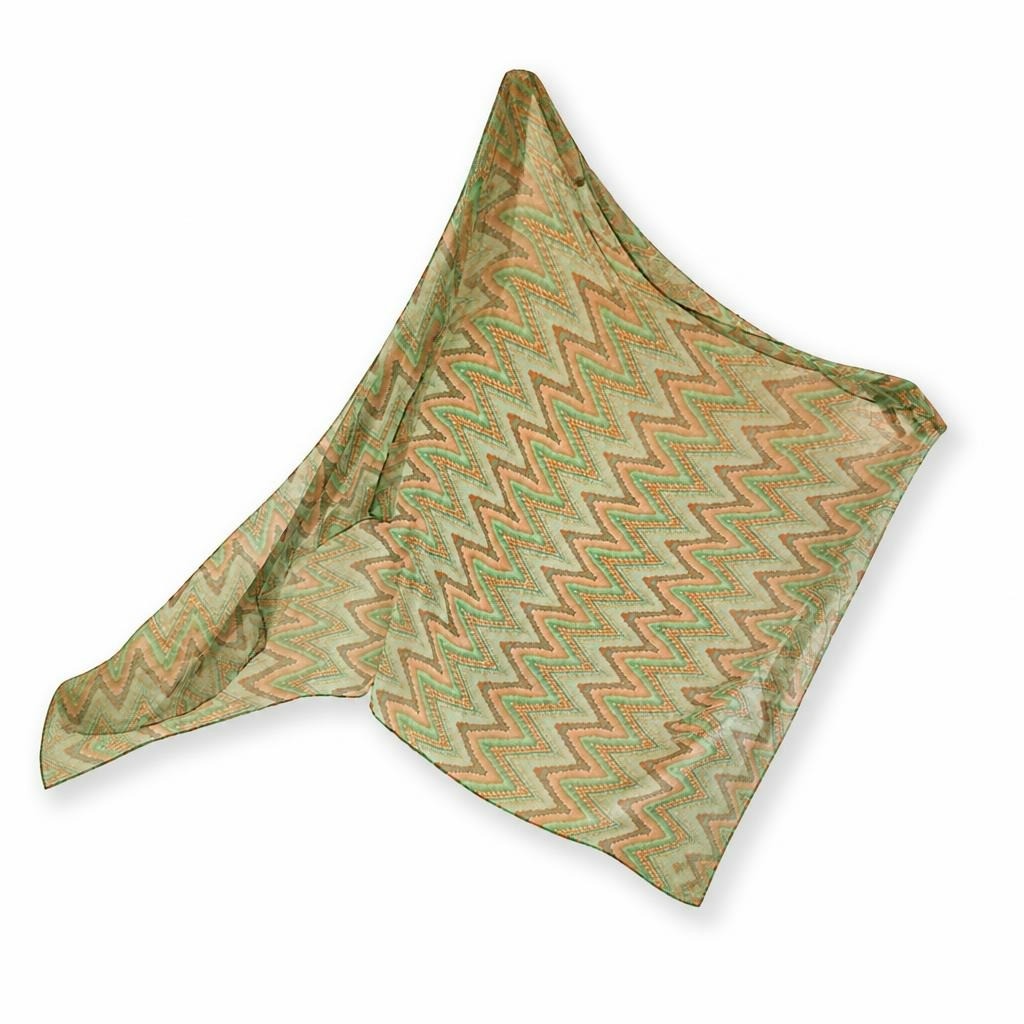 Sheer green orange chevron zigzag print scarf - white studio shot, second-hand at Why Go Less, Dekwaneh, Lebanon
