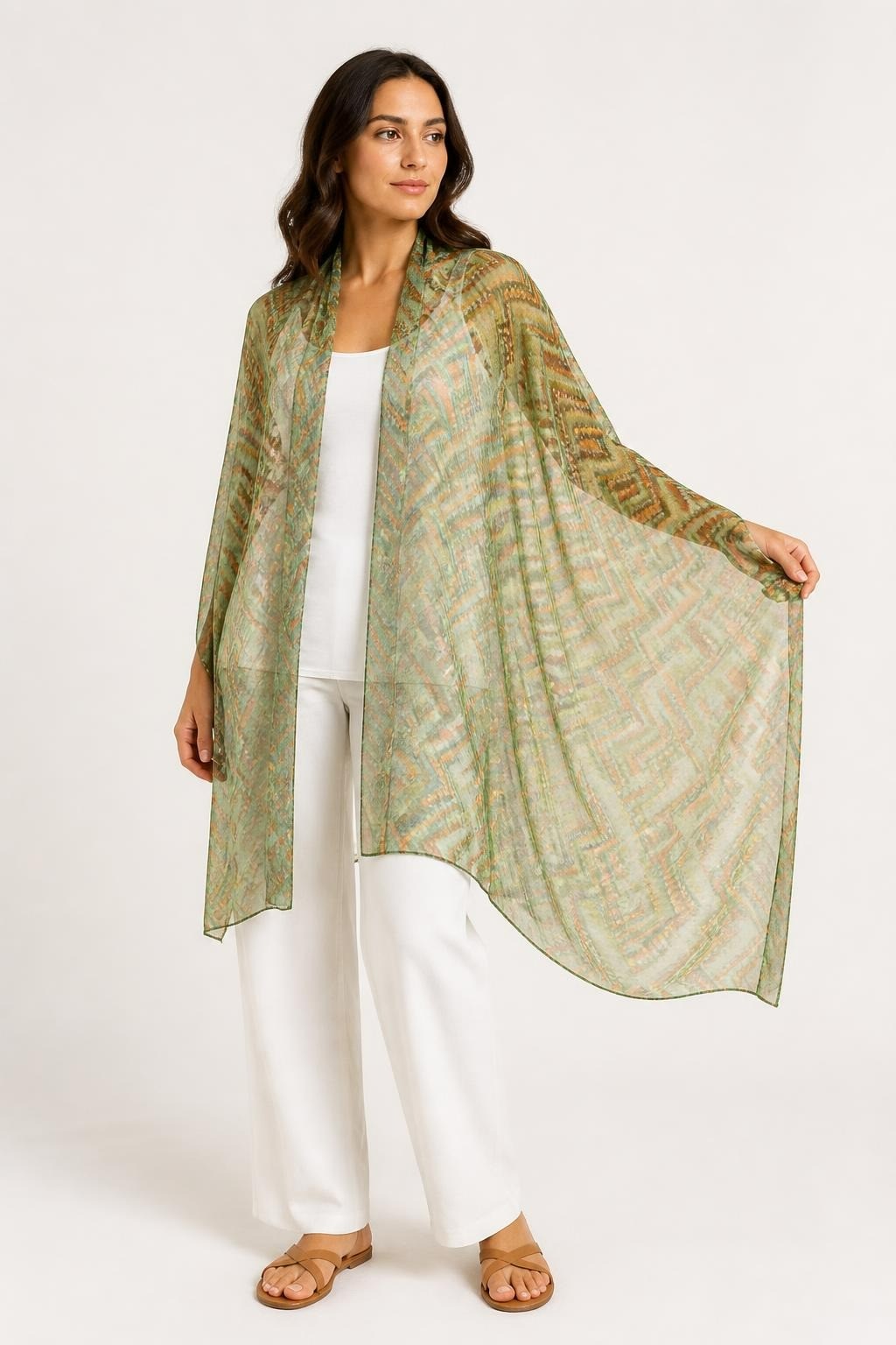 Sheer Green Orange Chevron Zigzag Print Scarf | Pre-Loved | Why Go Less-1