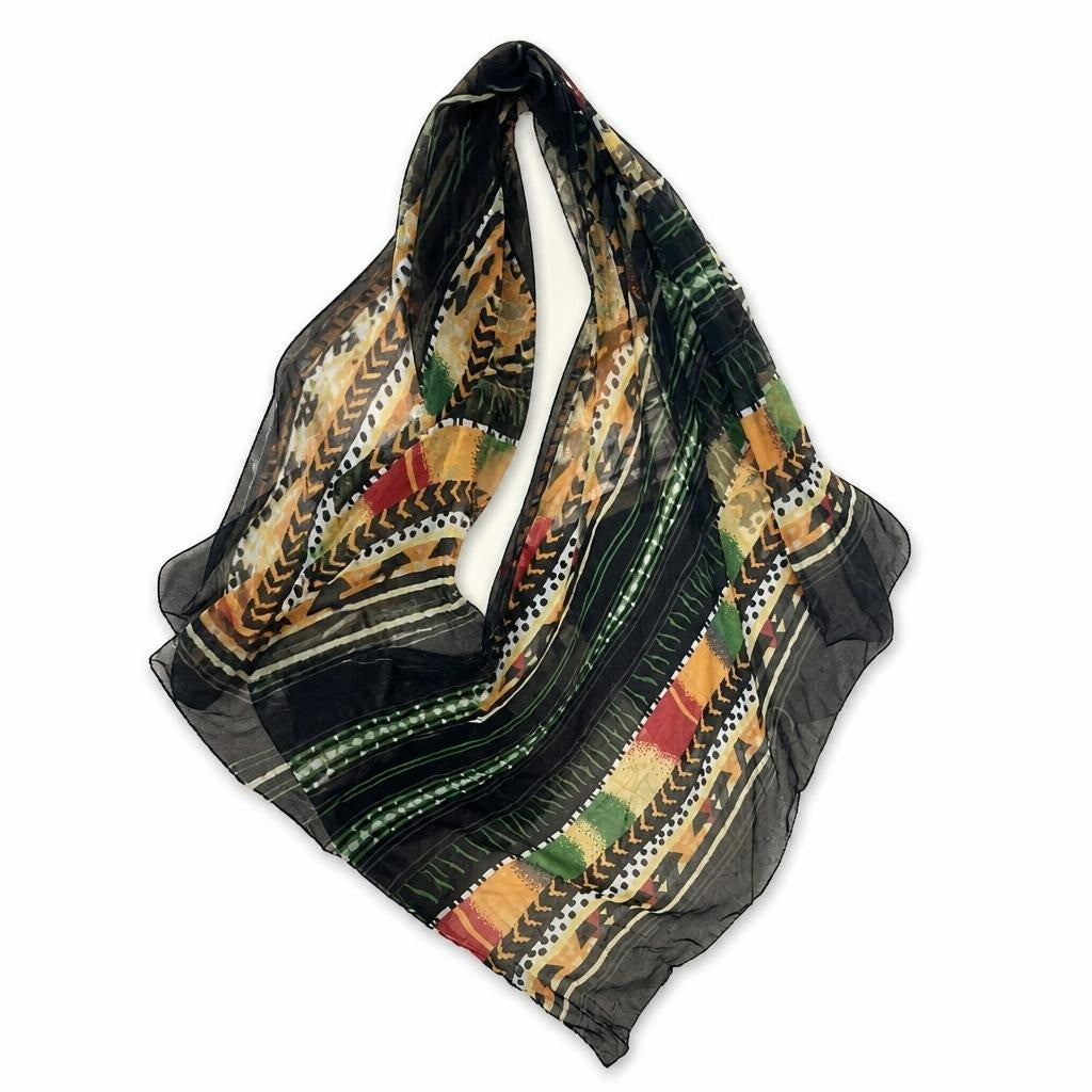 Tribal print black sheer long scarf/wrap - white studio shot, second-hand at Why Go Less, Dekwaneh, Lebanon