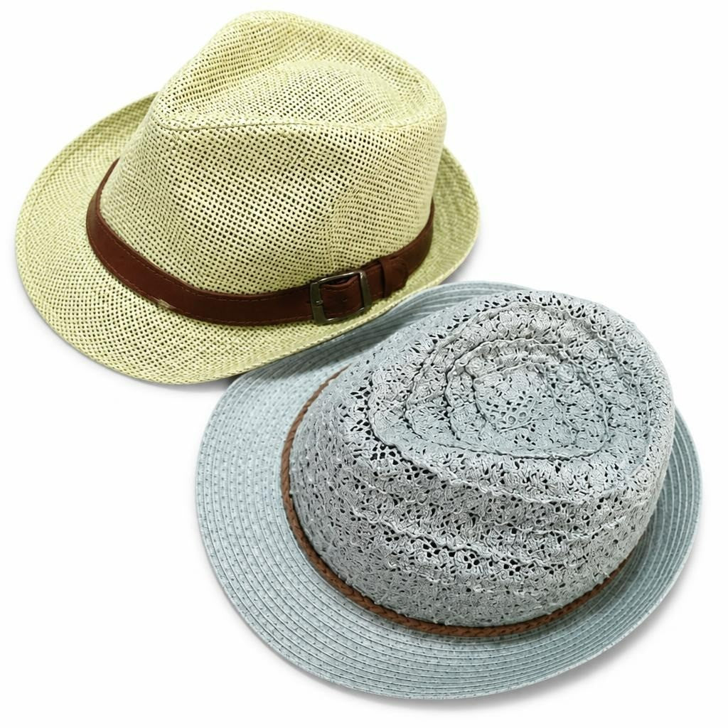 Summer straw hats x2, light green and blue-grey - white studio shot, second-hand at Why Go Less, Dekwaneh, Lebanon