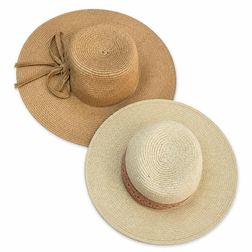 Wide brim straw sun hats x2, tan and beige - white studio shot, second-hand at Why Go Less, Dekwaneh, Lebanon