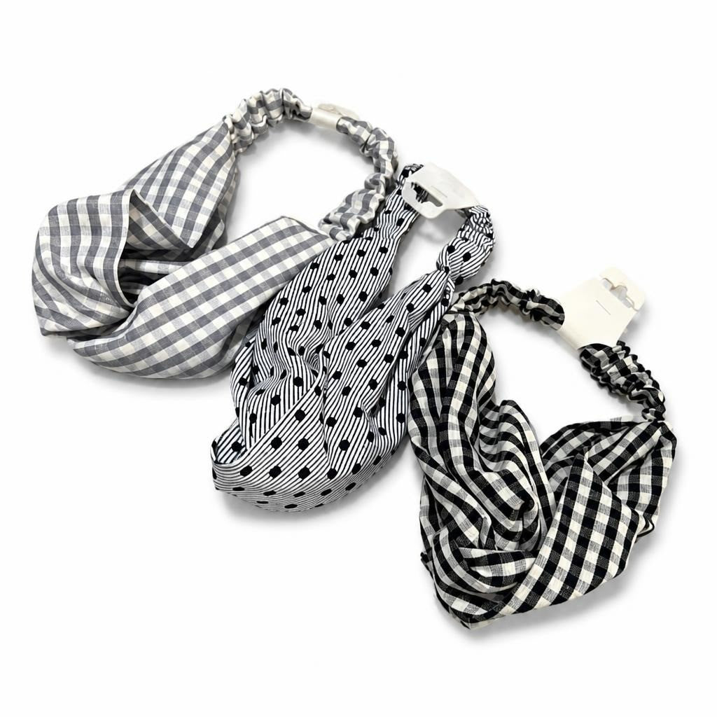 Fabric headbands x3, gingham and polka dot patterns - white studio shot, second-hand at Why Go Less, Dekwaneh, Lebanon
