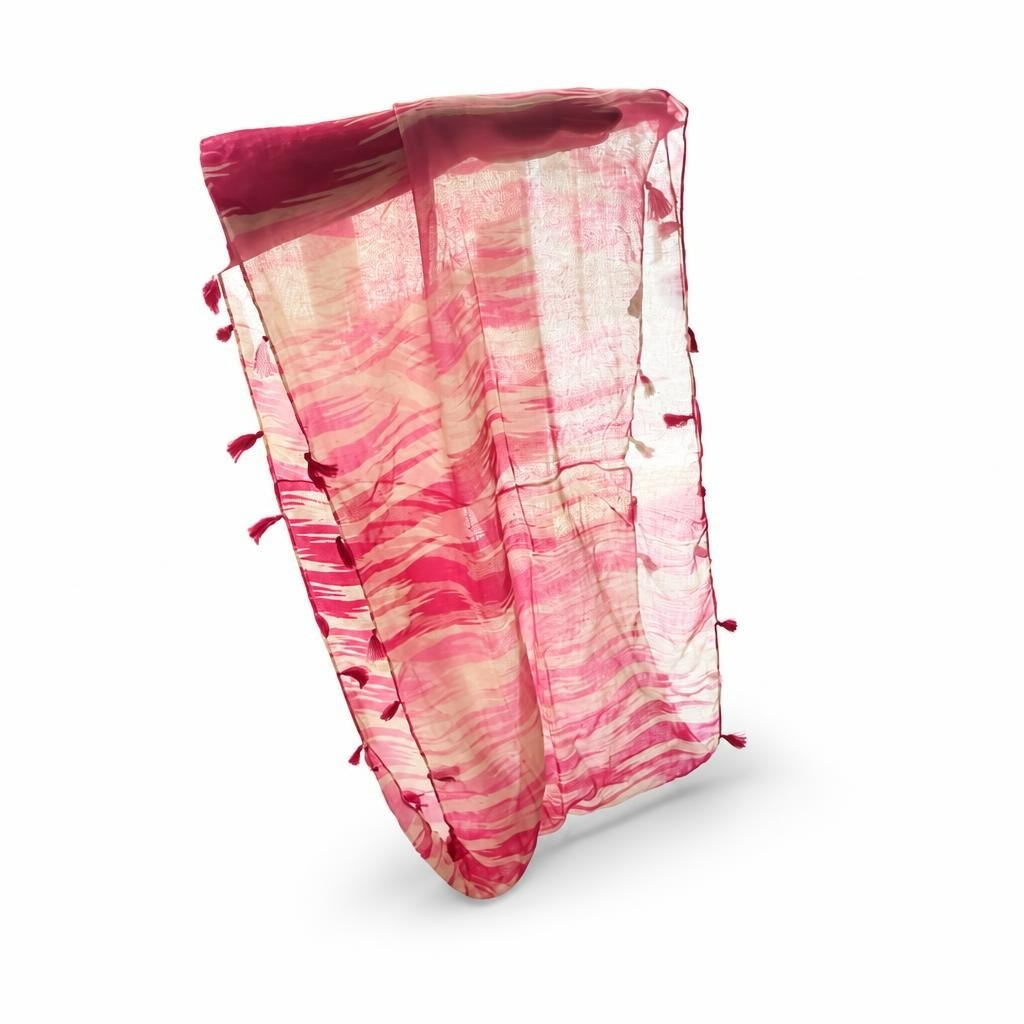 Pink striped tassel-trim sheer scarf/wrap - white studio shot, second-hand at Why Go Less, Dekwaneh, Lebanon