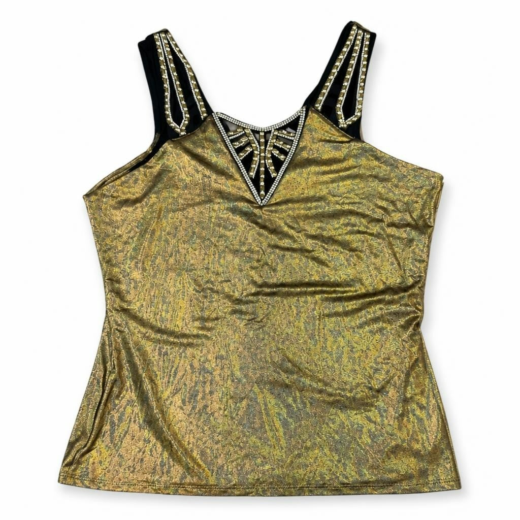 Gold metallic embellished strap tank top, new - white studio shot, second-hand at Why Go Less, Dekwaneh, Lebanon