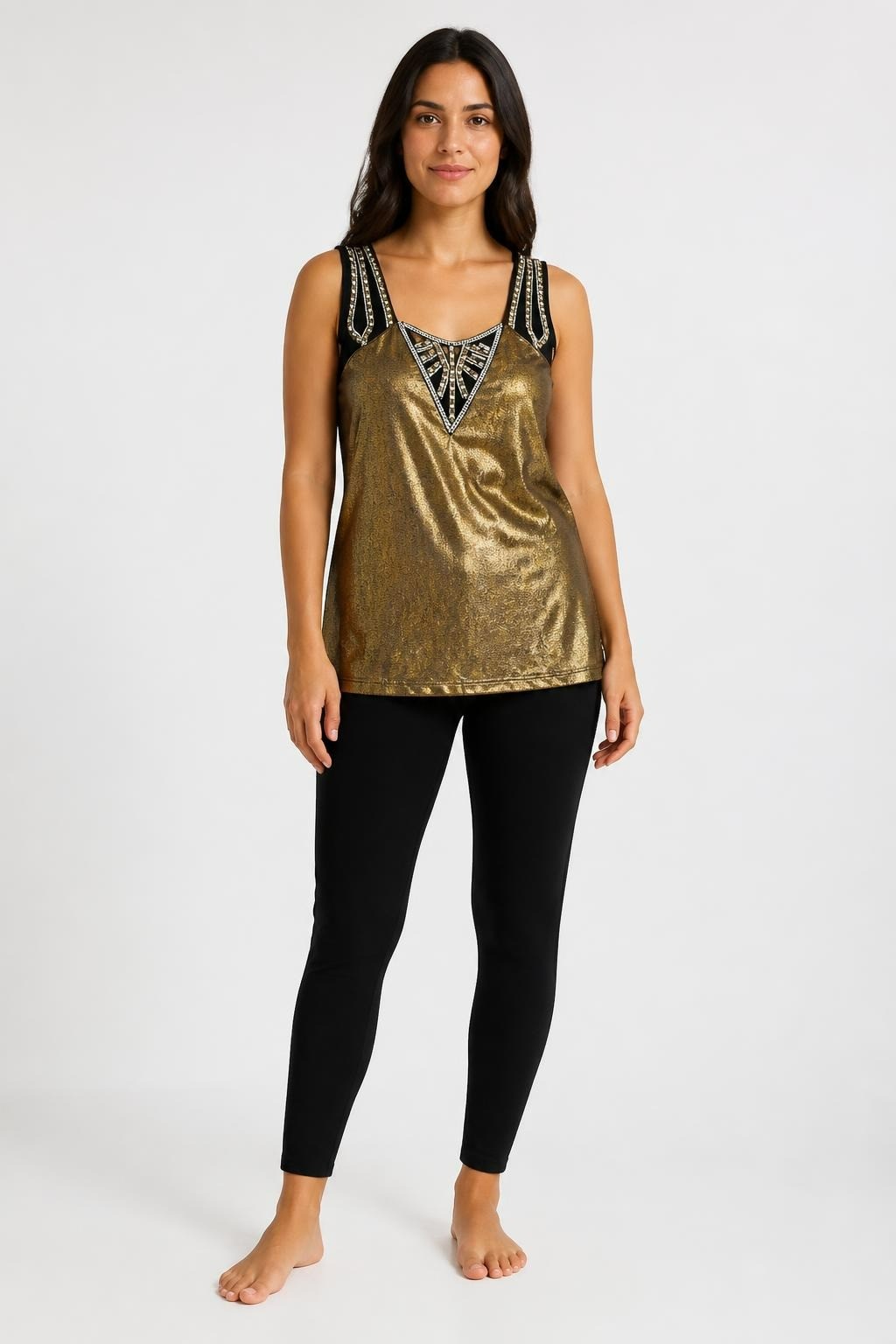 Gold Metallic Embellished Strap Tank Top, New | Pre-Loved | Why Go Less